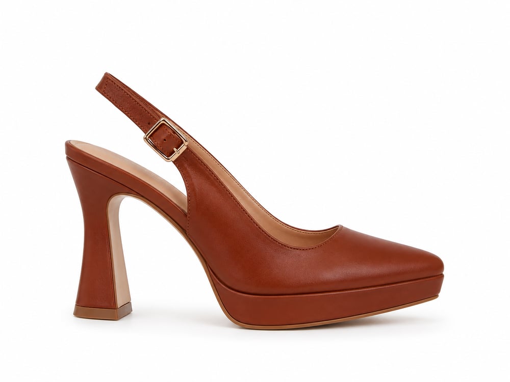 Alpelli Taba Hakiki Deri Platform Topuklu Slingback Ayakkabı