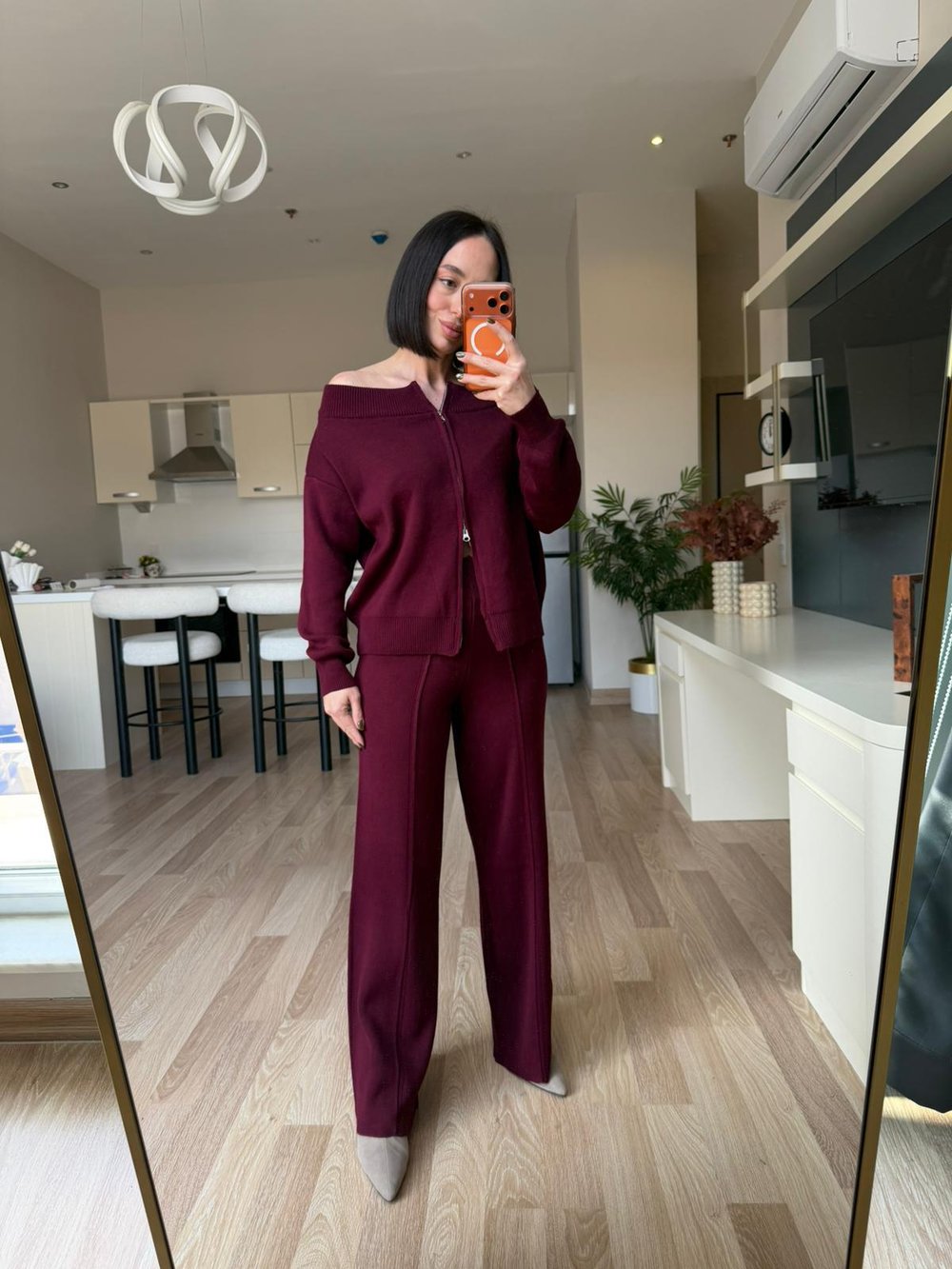 Bordo Çift Fermuarlı Triko Takım