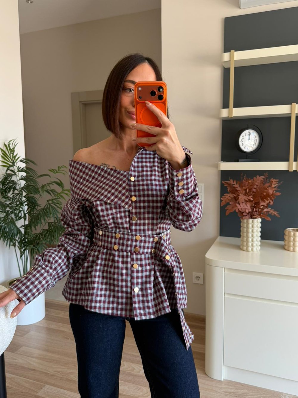 Bordo Ekose Desenli Çıtçıtlı Tasarım Gömlek