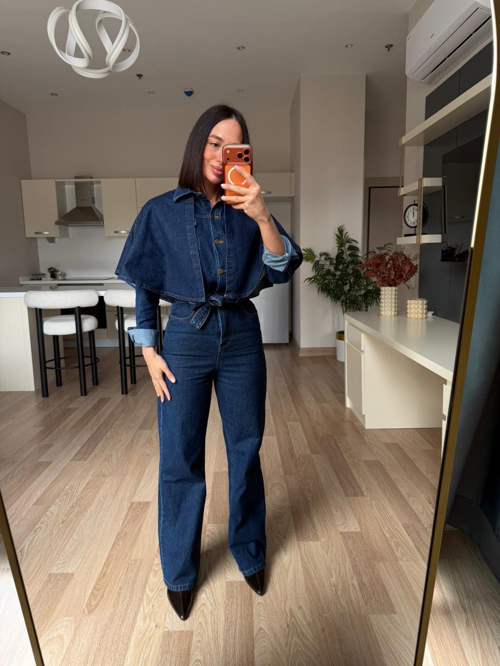 Gece Mavisi Denim Pelerinli Tulum