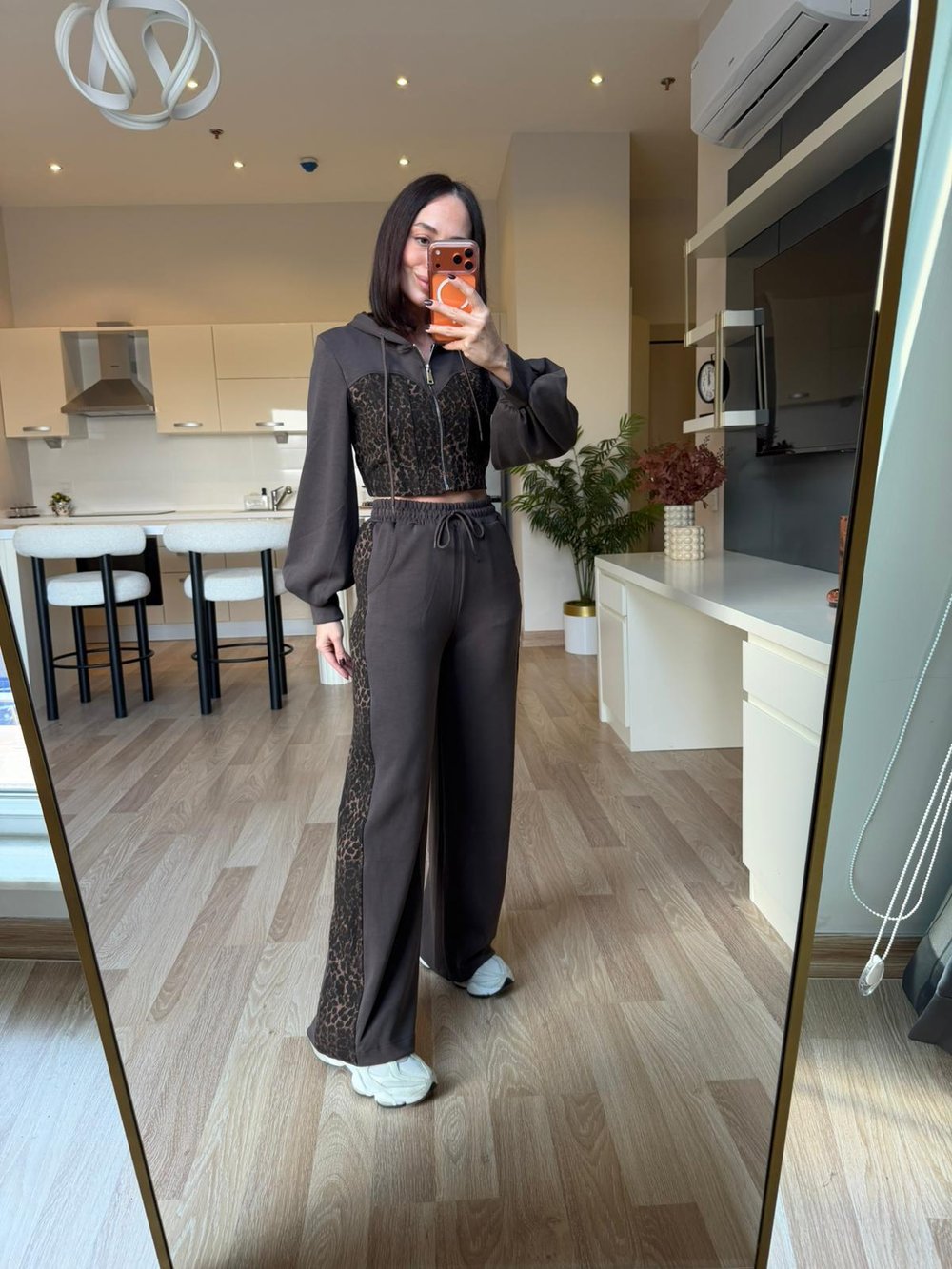 Kahve Denim Leopar Detaylı Takım
