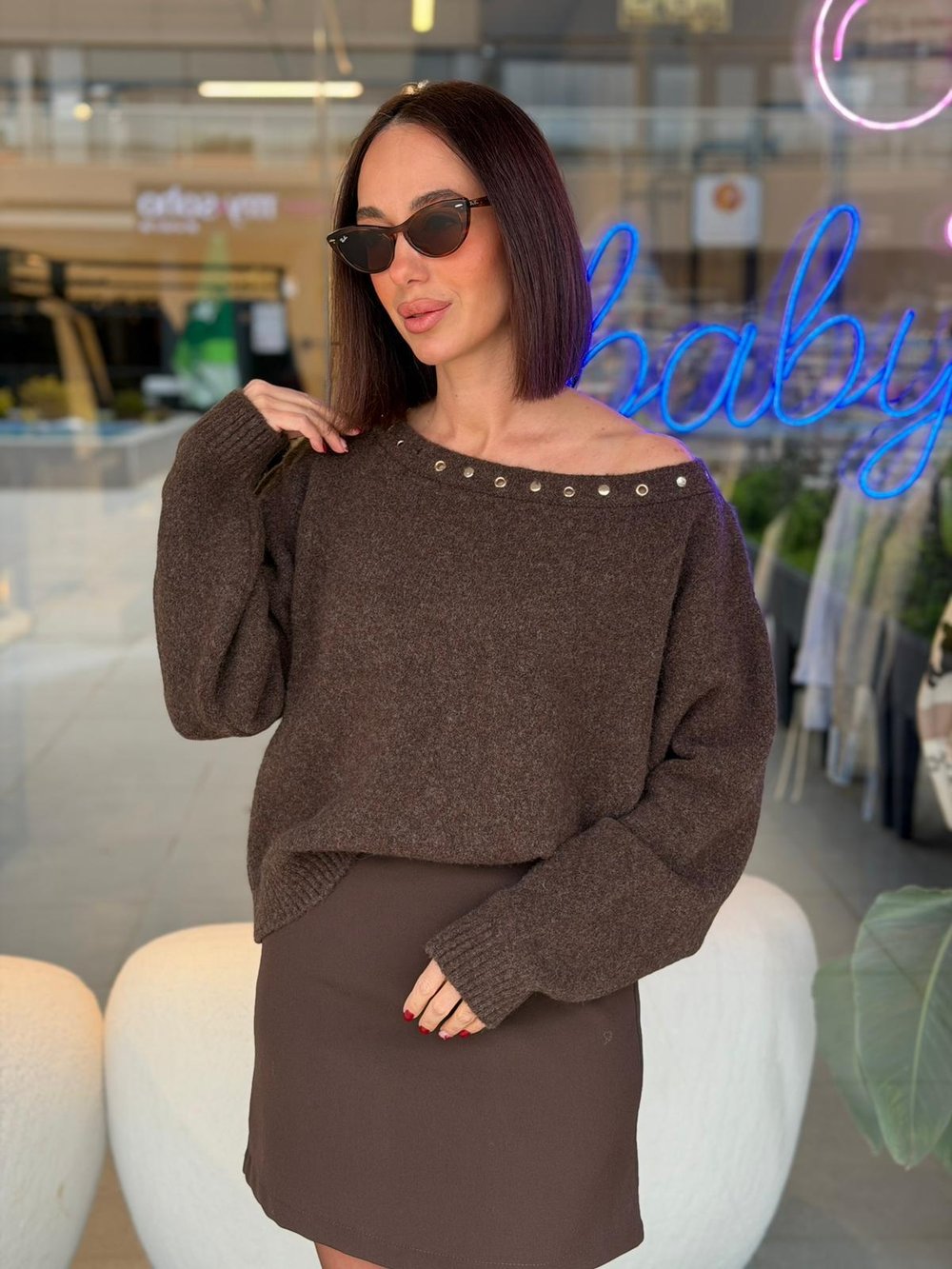 Kahve Kuşgözü Kayık Yaka Triko