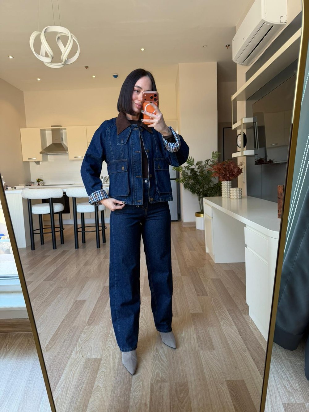 Kahve Yaka Denim Ceket& Pantolon Takım