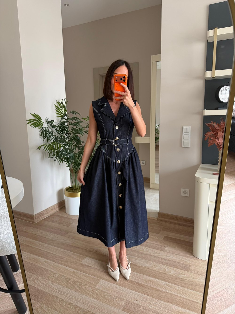 Kemer Detaylı Denim Elbise
