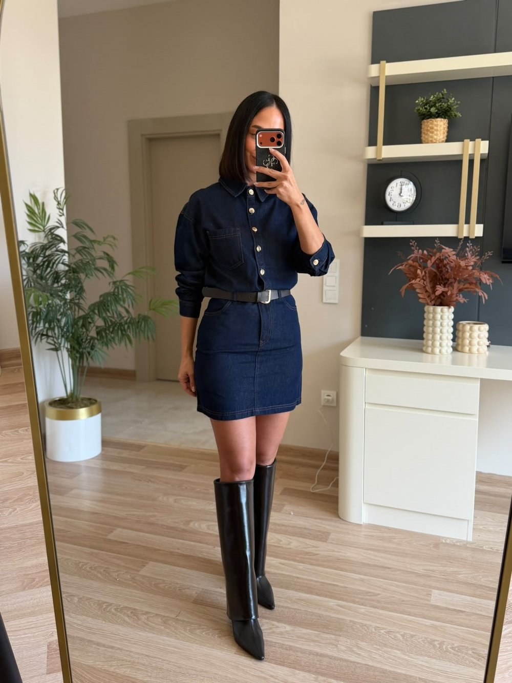 Koyu Lacivert Kemerli Denim Elbise