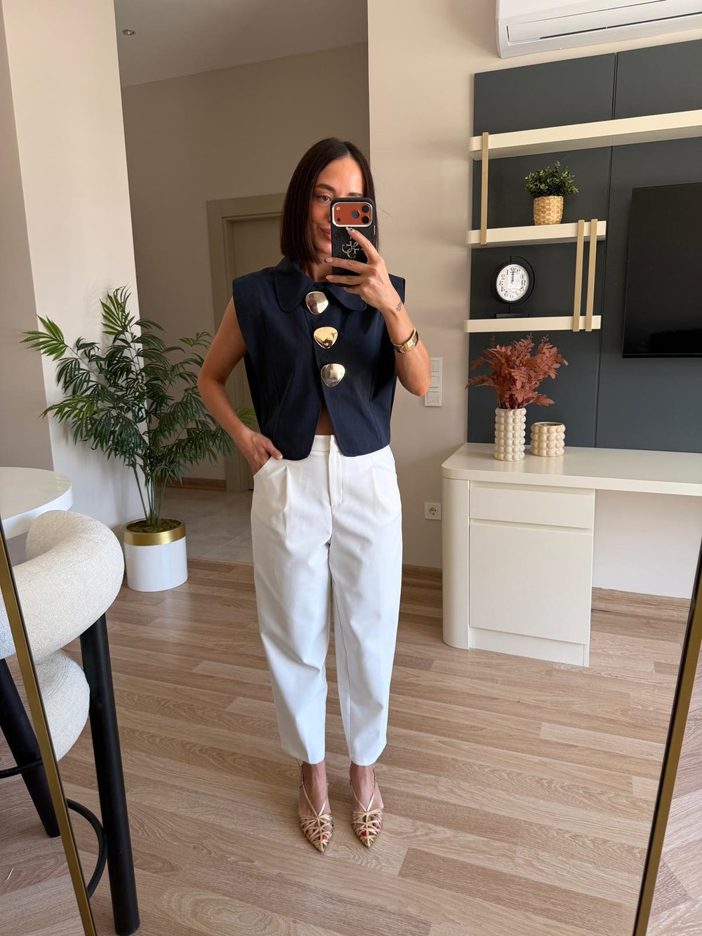 Lacivert Büyük Gold Düğmeli Crop Yelek