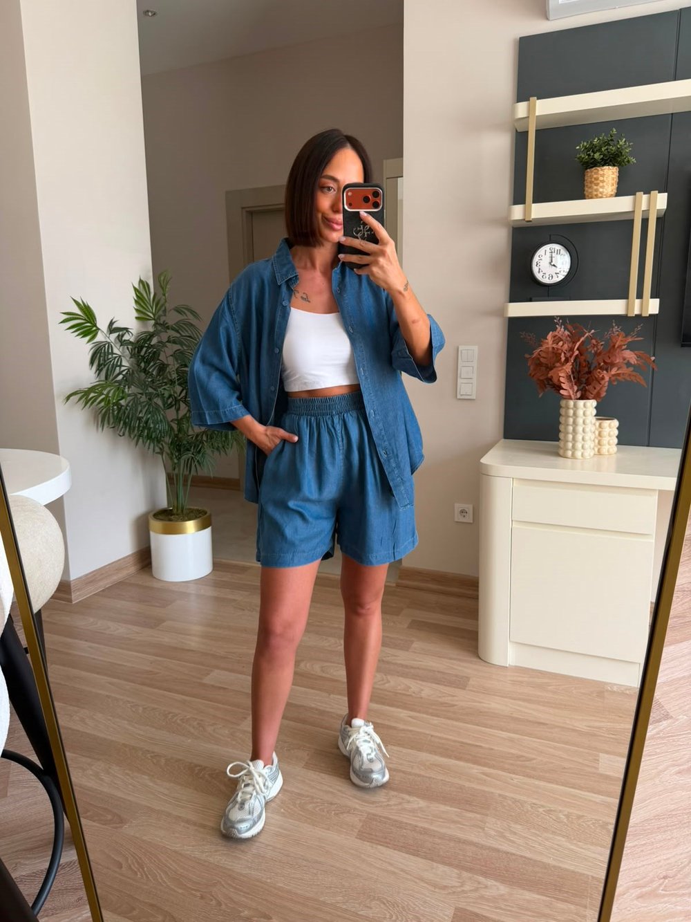Lacivert Tensel Denim Gömlek Şort Takım