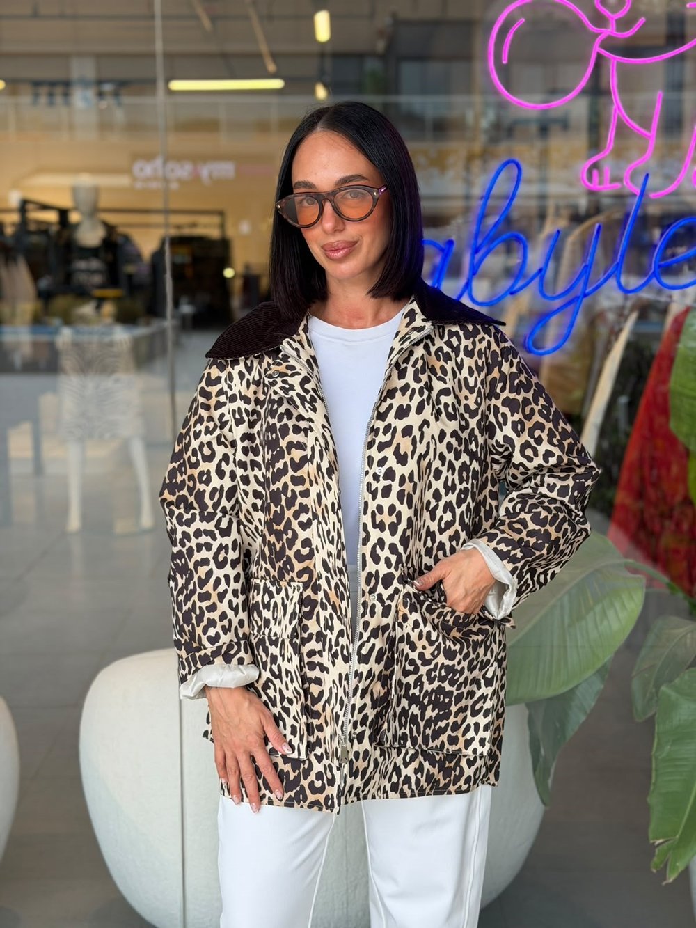 Leopar Desenli Yakası Dirseği Kadife Detaylı Trench