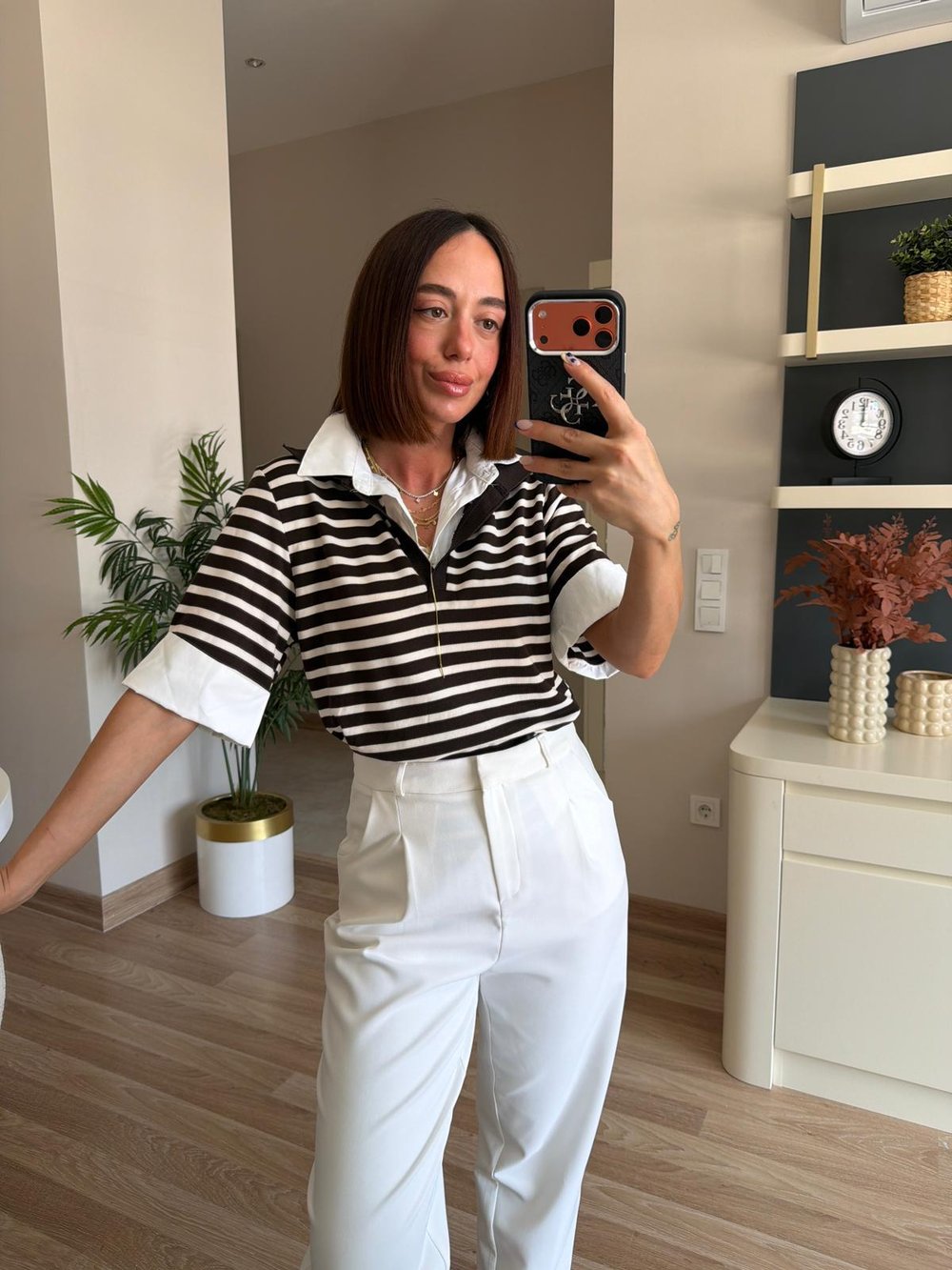 Marka Model Kahve Çizgili Gömlek Detaylı Triko