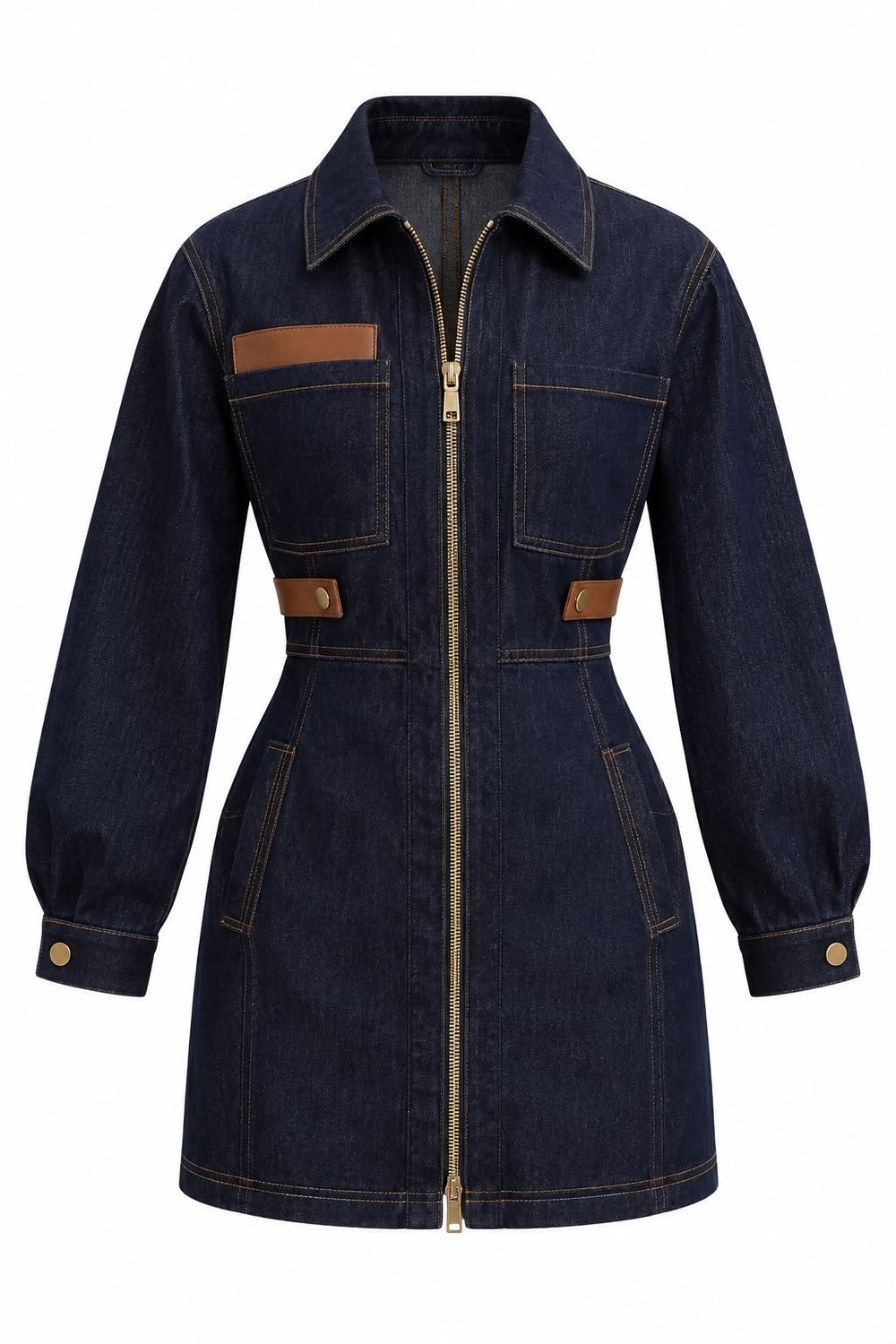 Marka Model Koyu Lacivert Deri Detaylı Denim Elbise