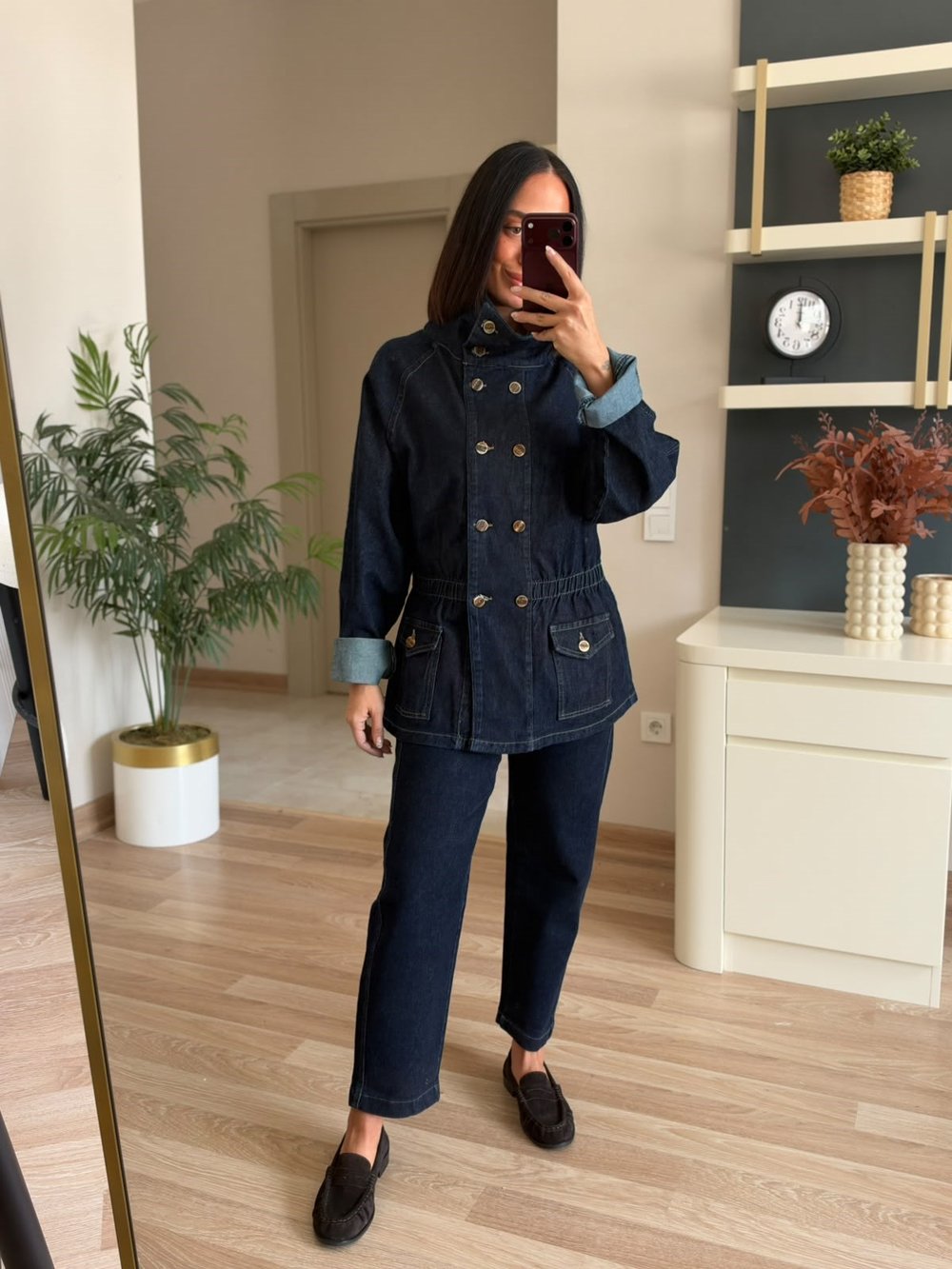 Marka Model Koyu Lacivert Dik Yakalı Denim Ceket Pantolon Takım
