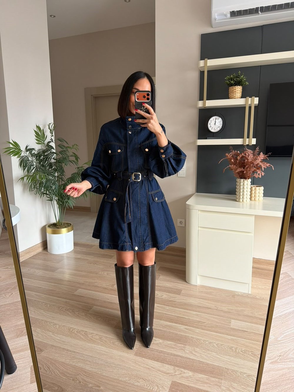 Marka Model Lacivert Dik Yakalı Denim Elbise