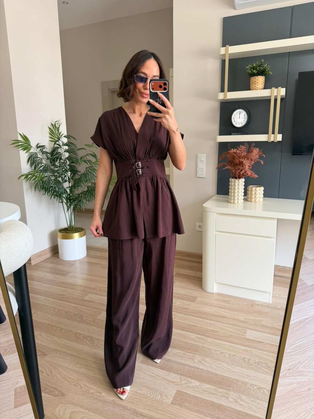 Mürdüm Bel Detaylı Bluz Pantolon Takım