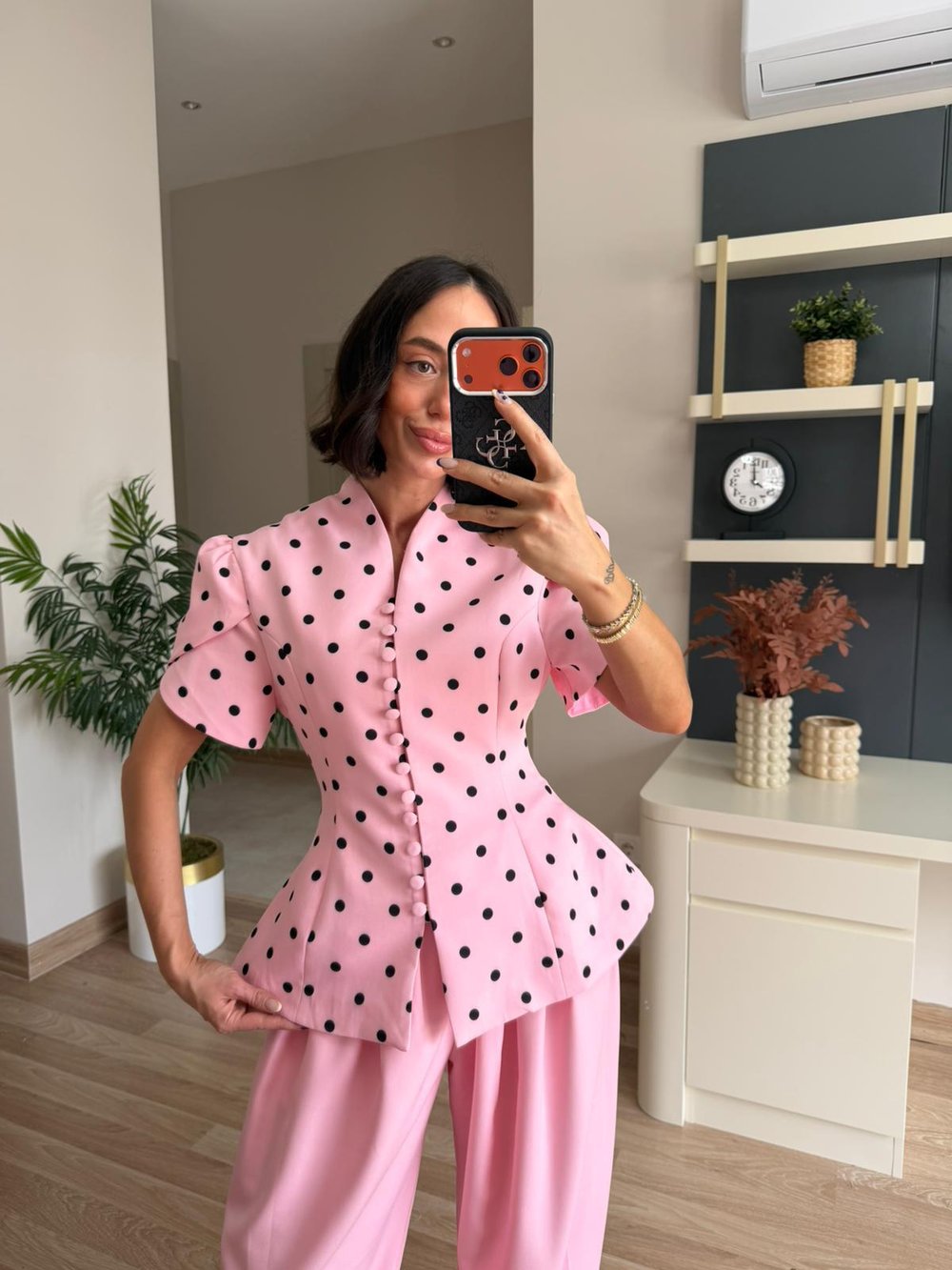 Pembe Puantiye Desenli Ceket Şalvar Pantolon Takım