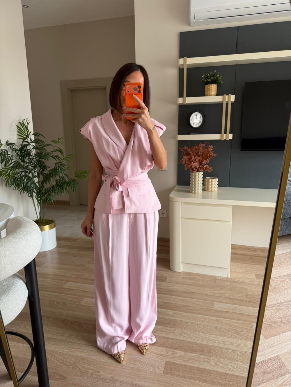 Pudra Pembe Bağlamalı Yelek Palazzo Takım