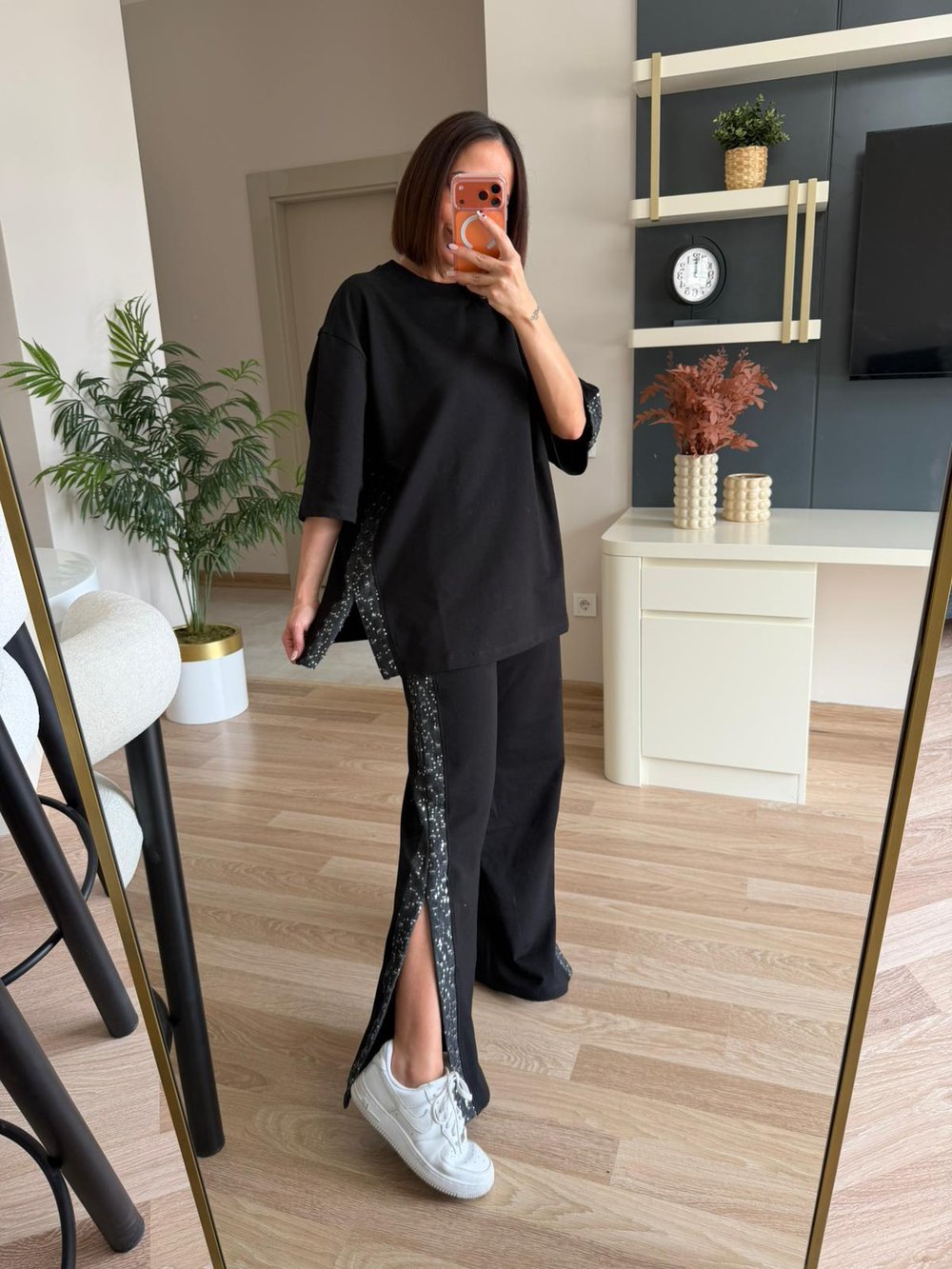 Siyah Yanları Denim Şeritli Oversize Takım