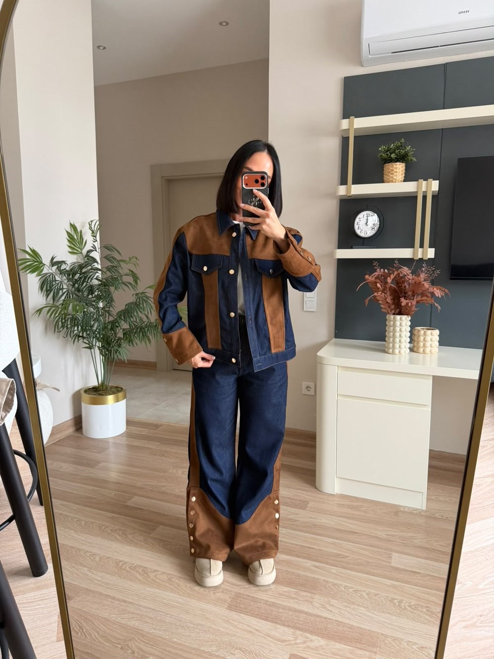 Süet Garnili Denim Takım