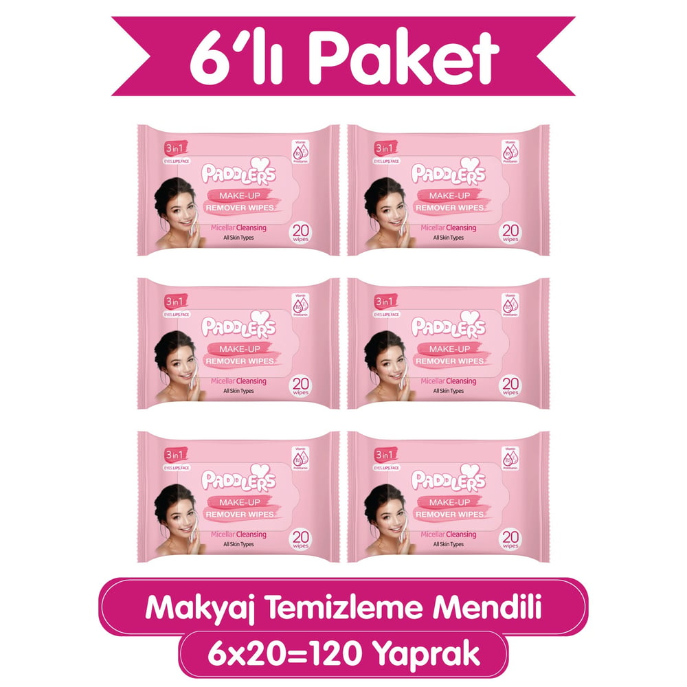 3'ü 1 Arada Makyaj Temizleme Mendili – Yüz, Göz & Dudak İçin, 120 Yaprak (6x20) Yumuşak Dokulu