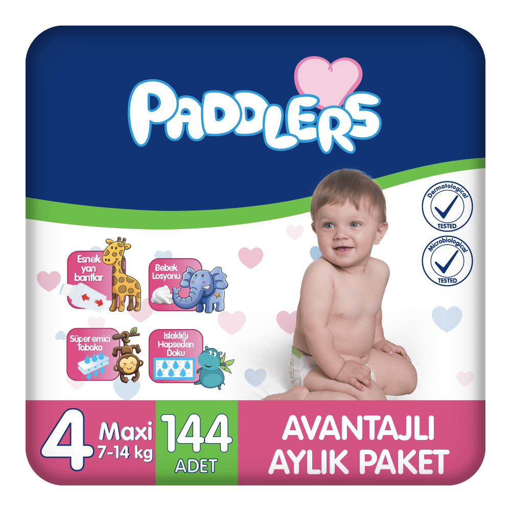 Paddlers Bebek Bezi 4 Numara Maxi 144 Adet (7-14 Kg) Aylık Paket