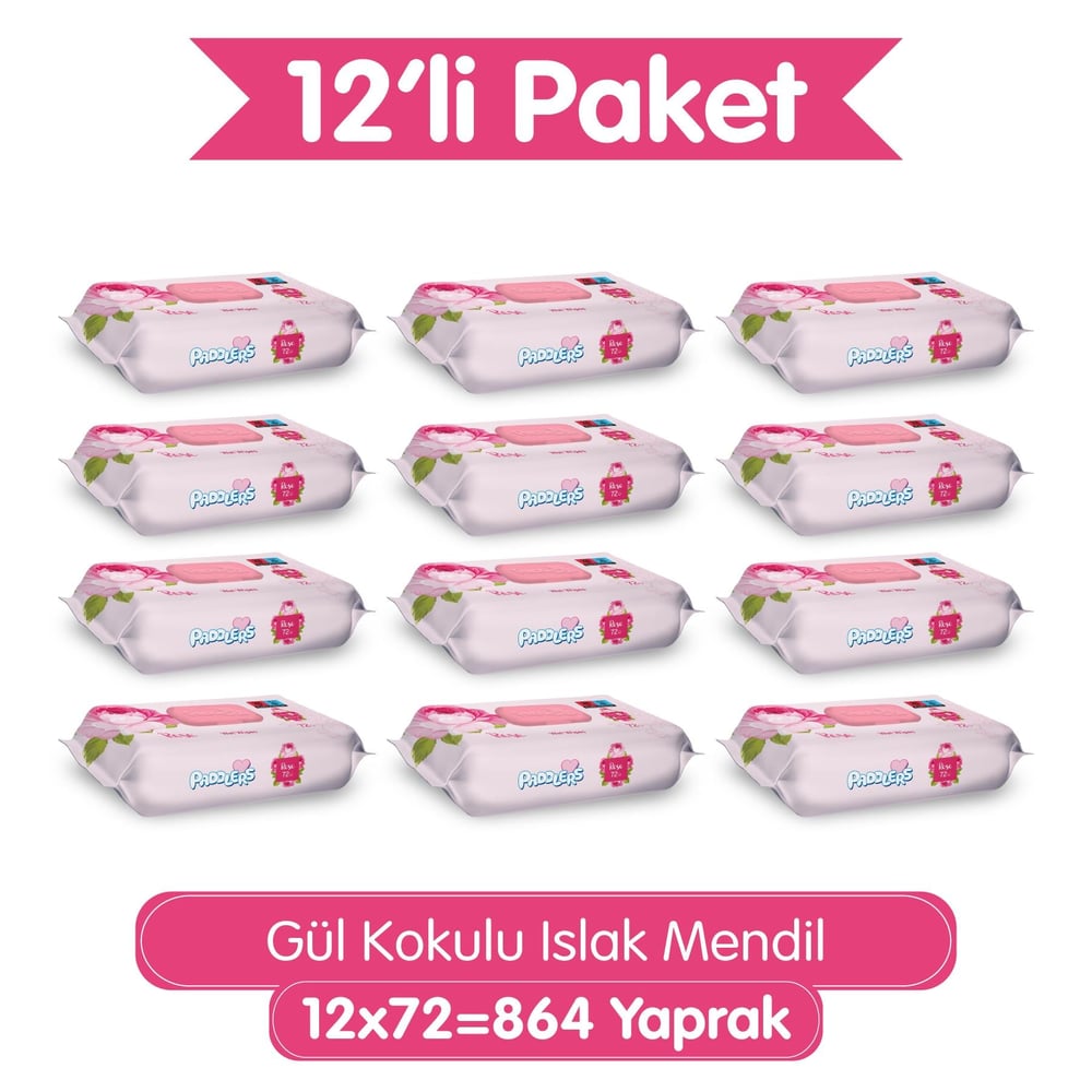 Paddlers Gül Kokulu Islak Mendil 12x72 li Koli (864 Yaprak)