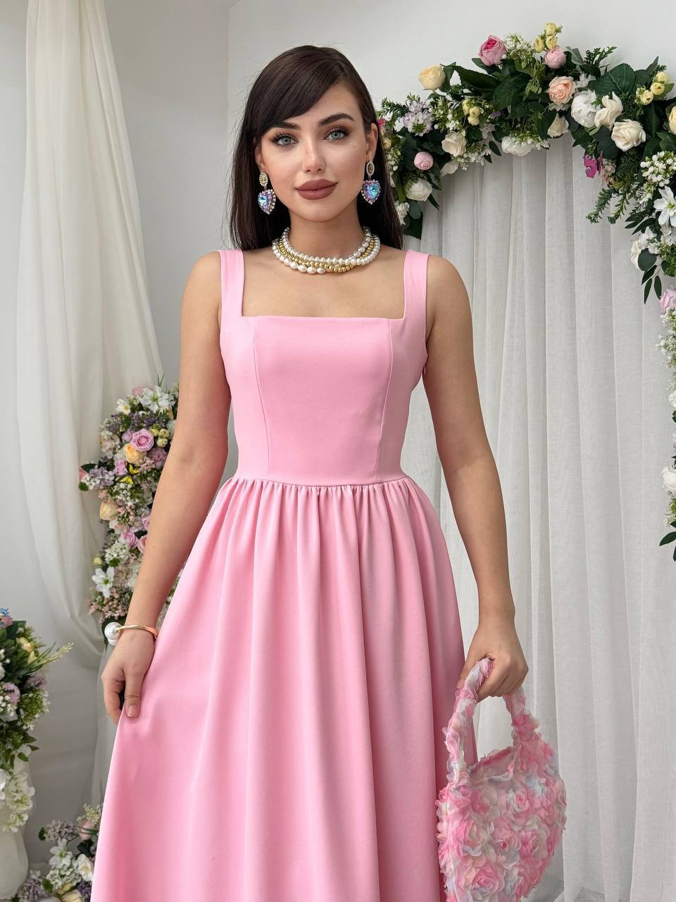 Askılı Kare Yaka Fiyonk Detaylı Uzun Elbise PEMBE