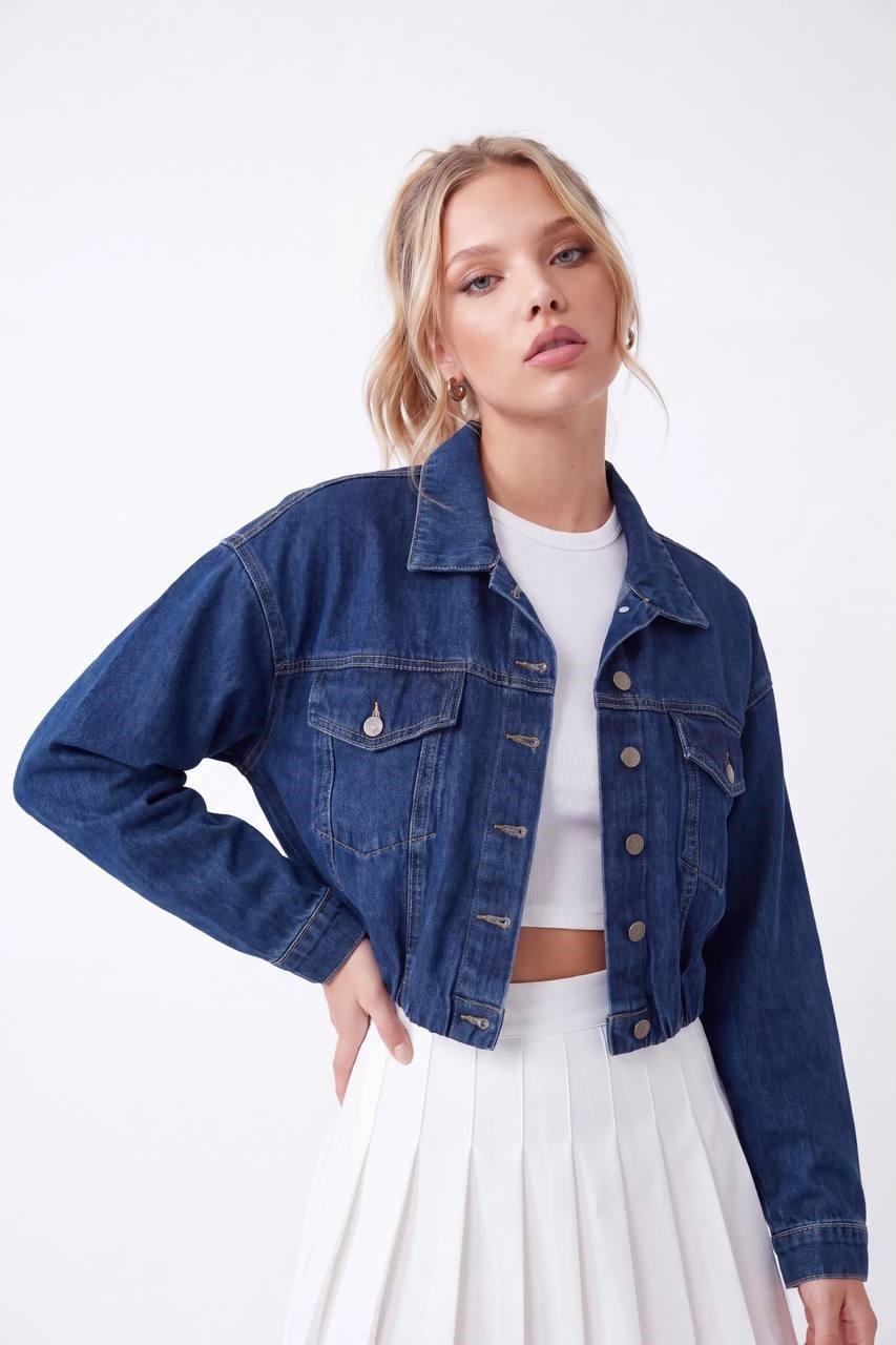 BELİ LASTİKLİ DENİM CROP CEKET mavi
