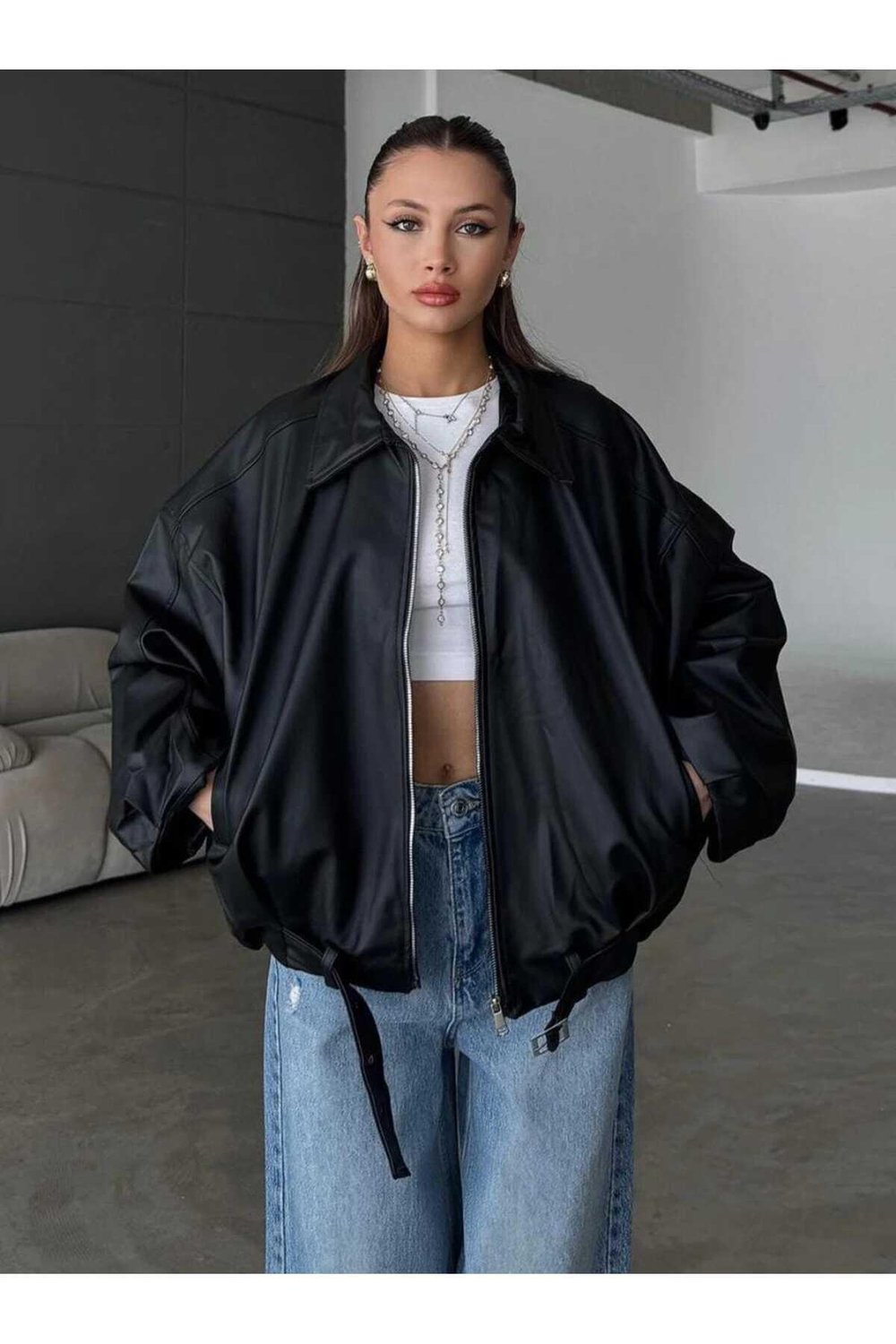 Kadın Oversize Deri Ceket– Oversize Relax Fit, Fermuarlı Kemer Detaylı Günlük Kadın Ceket Siyah