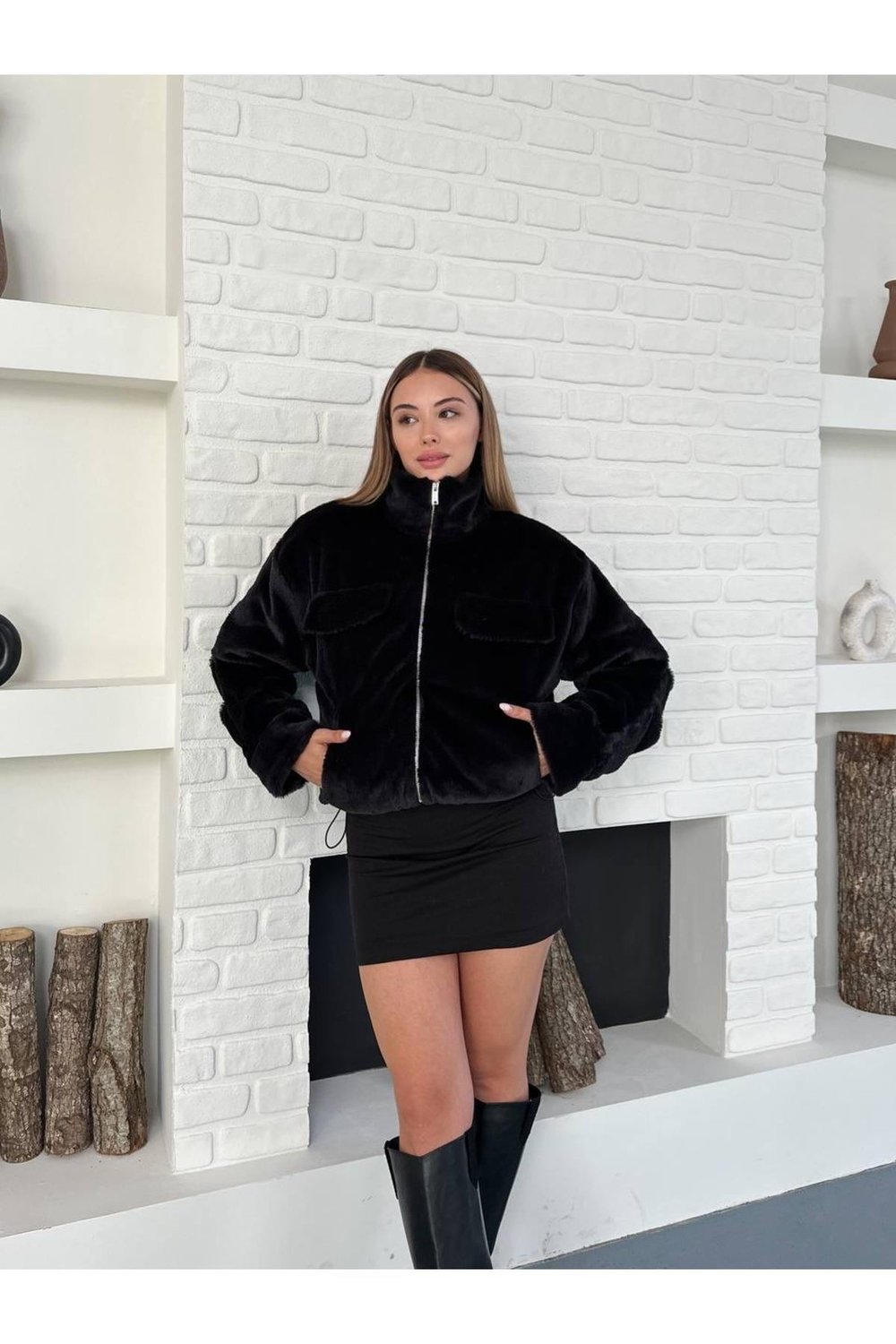Kadın Siyah Fermuarlı Peluş Mont – Oversize Kışlık Ceket Siyah