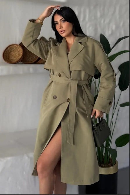 Kruvaze Yaka Kuşaklı Çift Düğmeli Oversize Trenç Ceket MİNT Yeşil