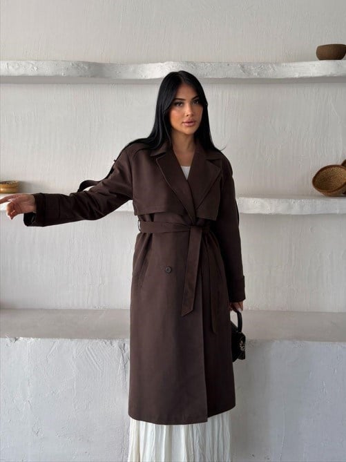 Kruvaze Yaka Kuşaklı Çift Düğmeli Oversize Trenç Ceket Kahverengi