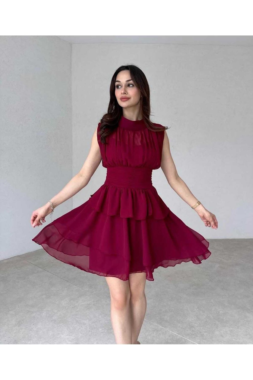 Massimo drapeli,dik yaka,kolsuz,mini,fermuar kapamalı,premium kaliteli şifon elbise Bordo