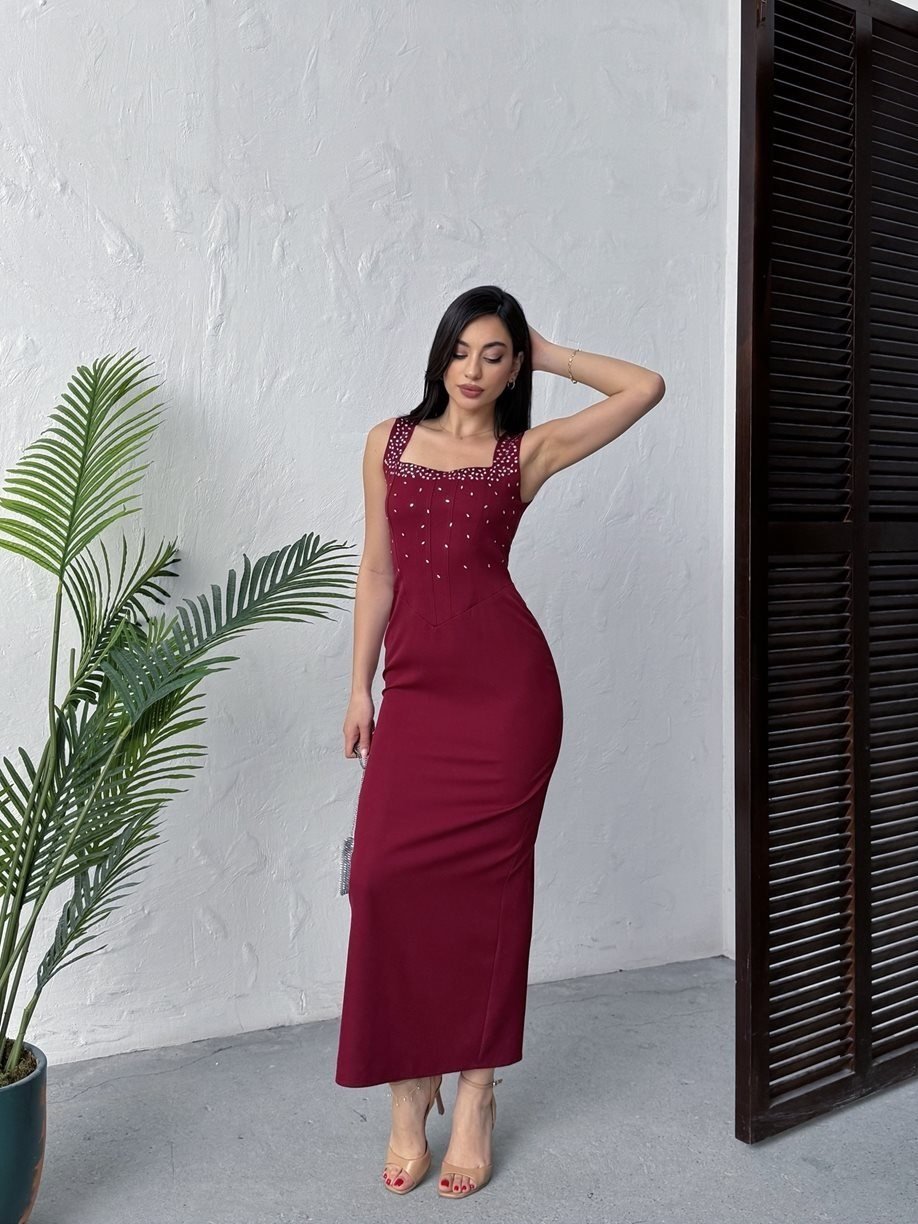 QUALİTY MAXİ TAŞLI ELBİSE Bordo