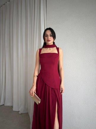 Şallı Maxi Elbiseı Bordo
