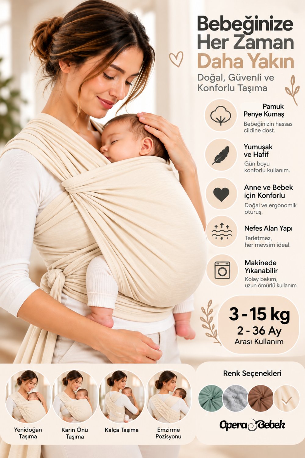 SOFT PENYE SLİNG BEBEK TAŞIMA ŞALI KANGURU (organik krem )