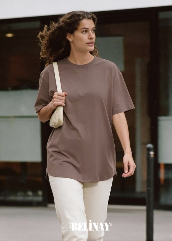 Modal-Pamuk Bisiklet Yaka Oversize Uzun Kadın T-shirt