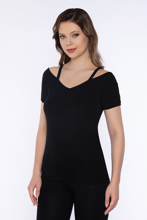 Askılı Kayık V Yaka Kadın T-shirt