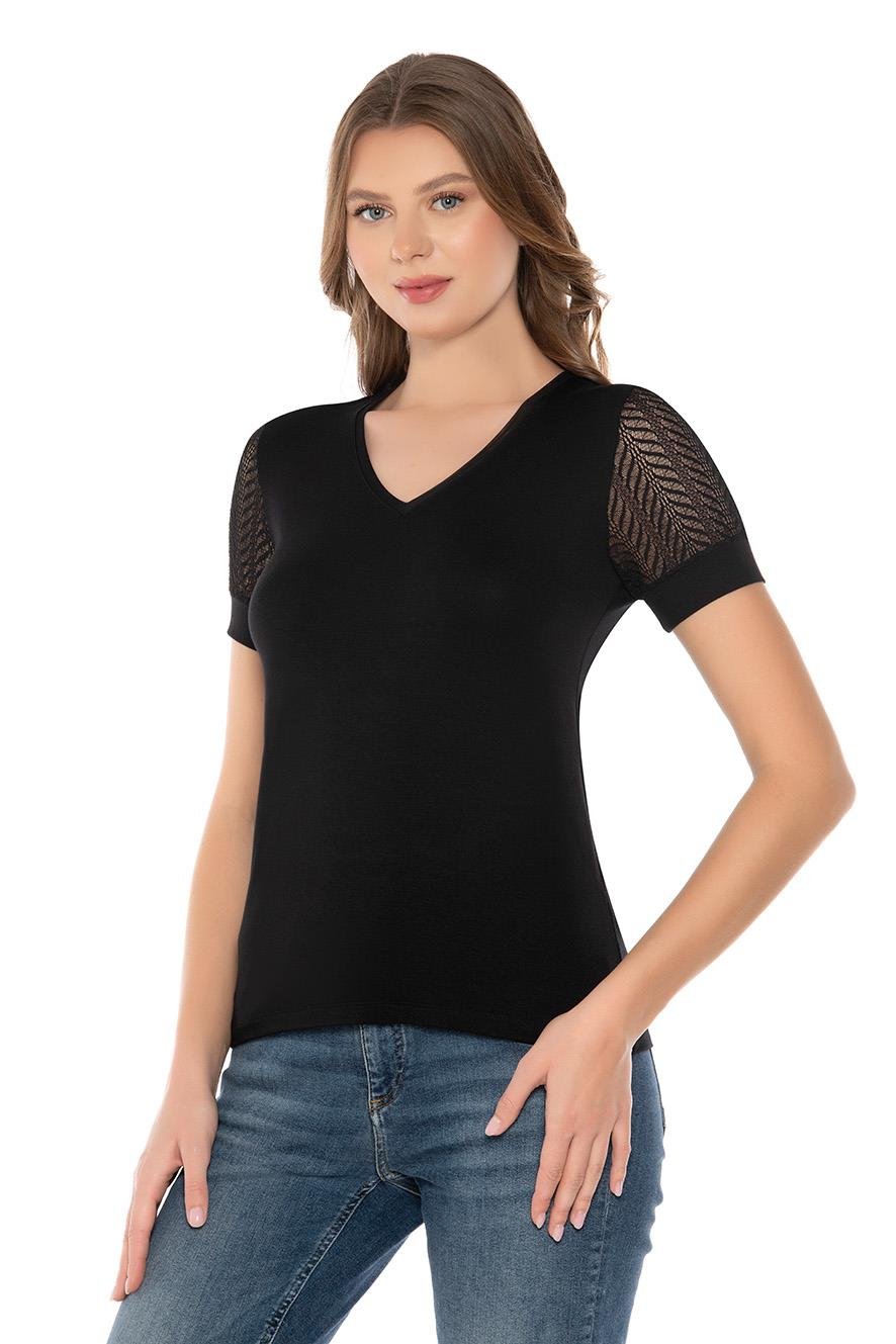Kolları Dantelli V Yaka Kadın T-shirt
