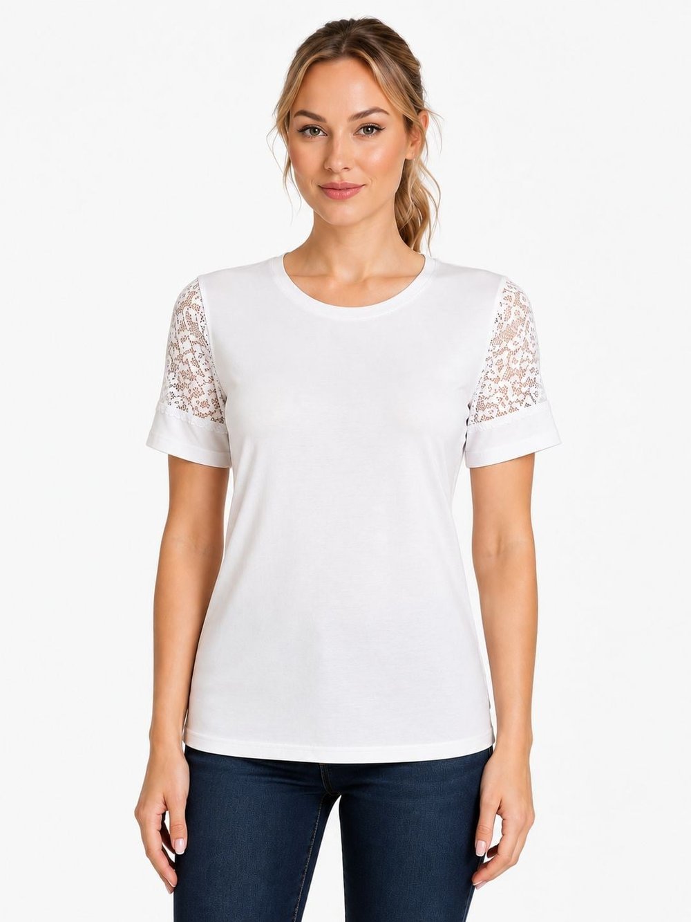 Bisiklet Yaka Kolları Dantelli ve Manşetli Kadın Tshirt