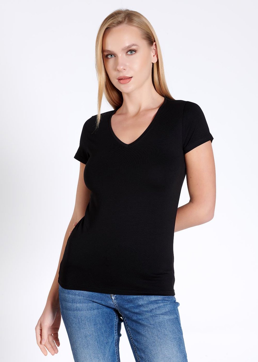V yaka Kısa Kollu Kadın T-shirt