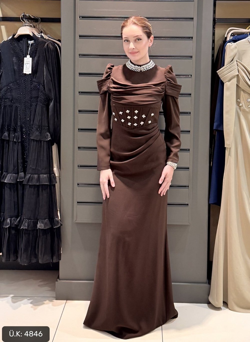 DRAPE DETAYLI ABİYE KAHVE