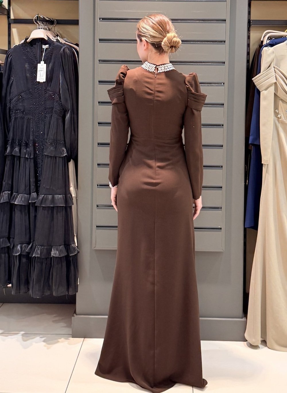 DRAPE DETAYLI ABİYE KAHVE