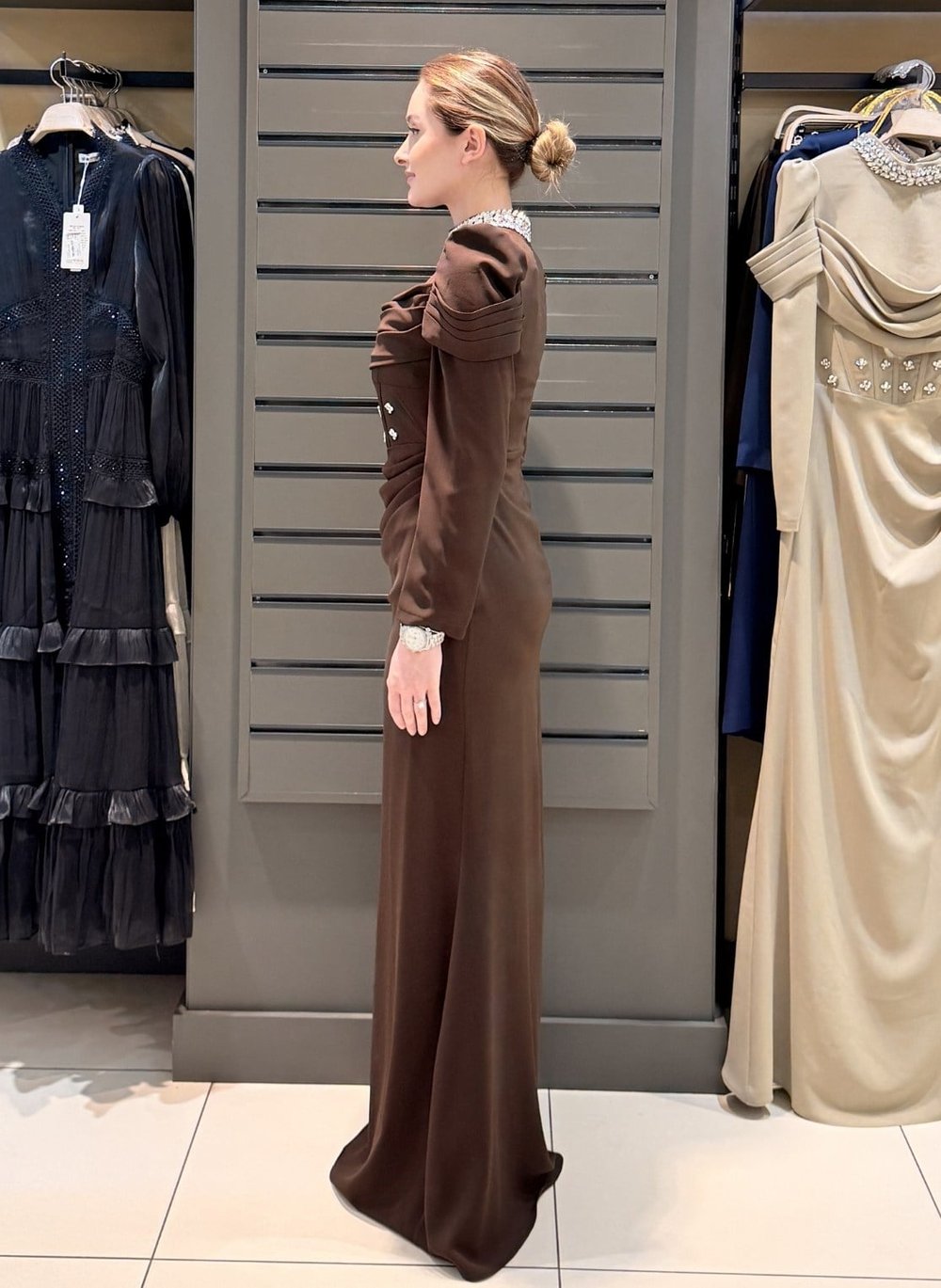 DRAPE DETAYLI ABİYE KAHVE