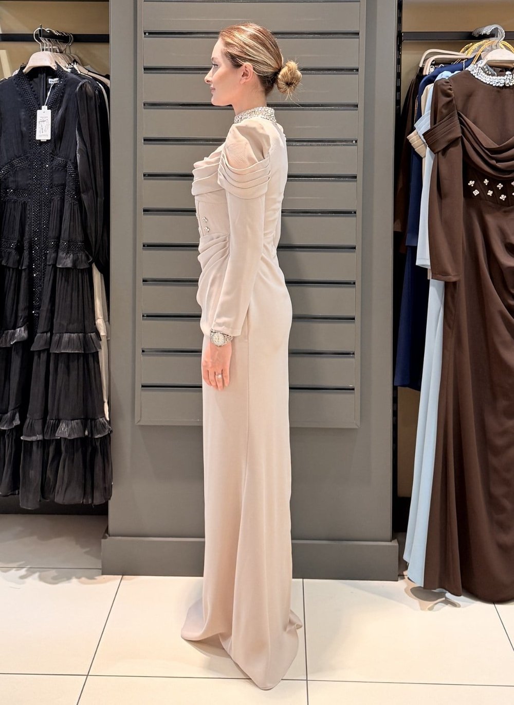 DRAPE DETAYLI ABİYE BEJ