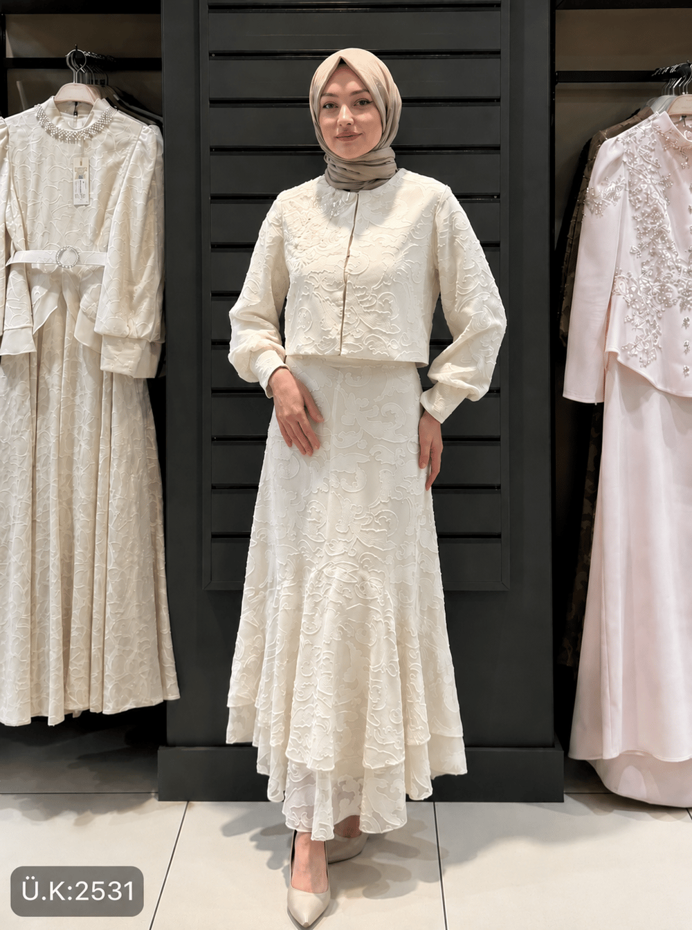 ÇİÇEK DETAY ETEK TAKIM CAMEL