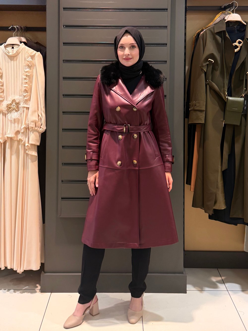 KÜRK YAKA DERİ KABAN BORDO