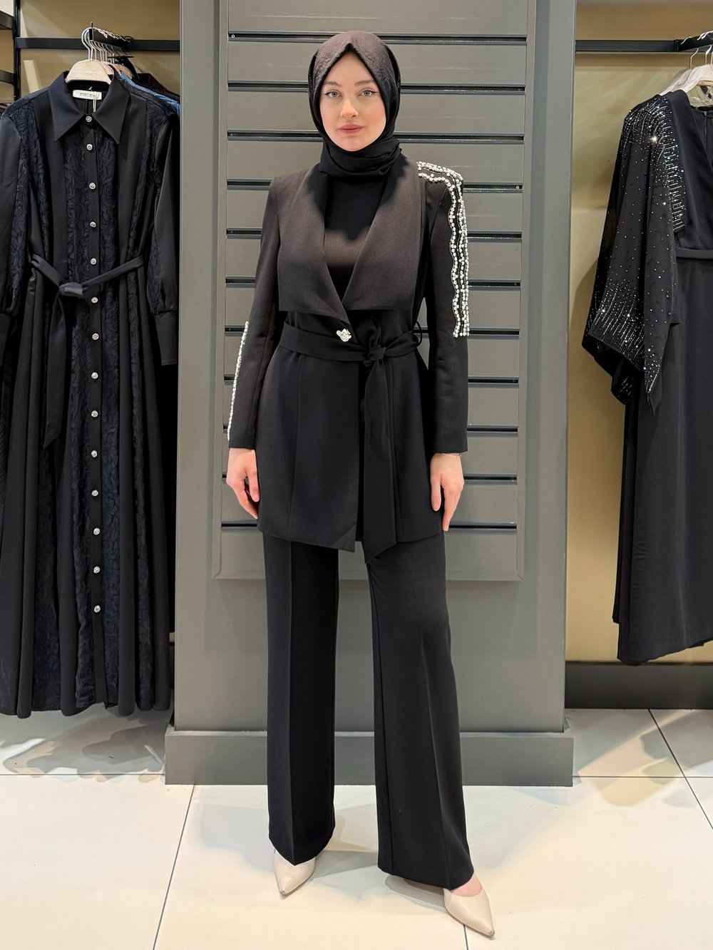 TAŞ DETAY BLAZER TAKIM SİYAH