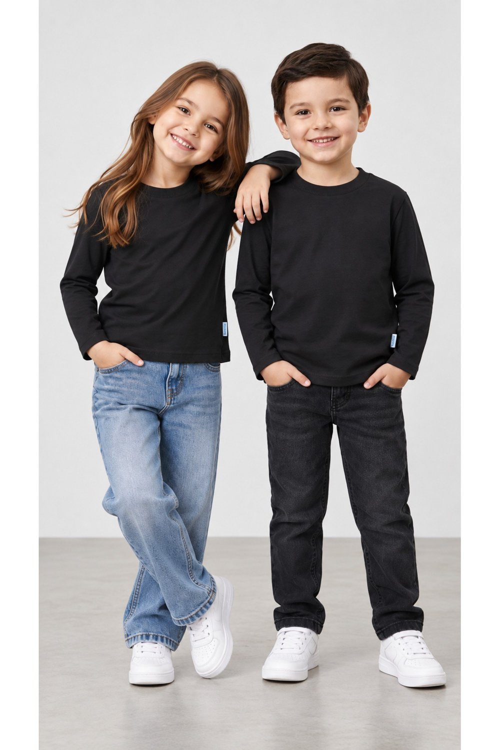%100 Pamuk Unisex Çocuk Bisiklet Yaka Uzun Kollu Basic Badi 2-10 Yaş
