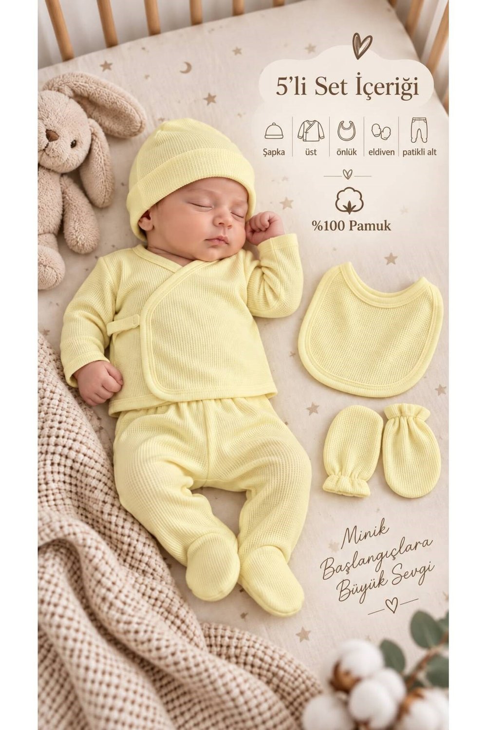 LORİO Unisex Yenidoğan Hastane Çıkışı 5’li Set %100 Pamuk Çıtçıtlı Waffle Bebek Takımı