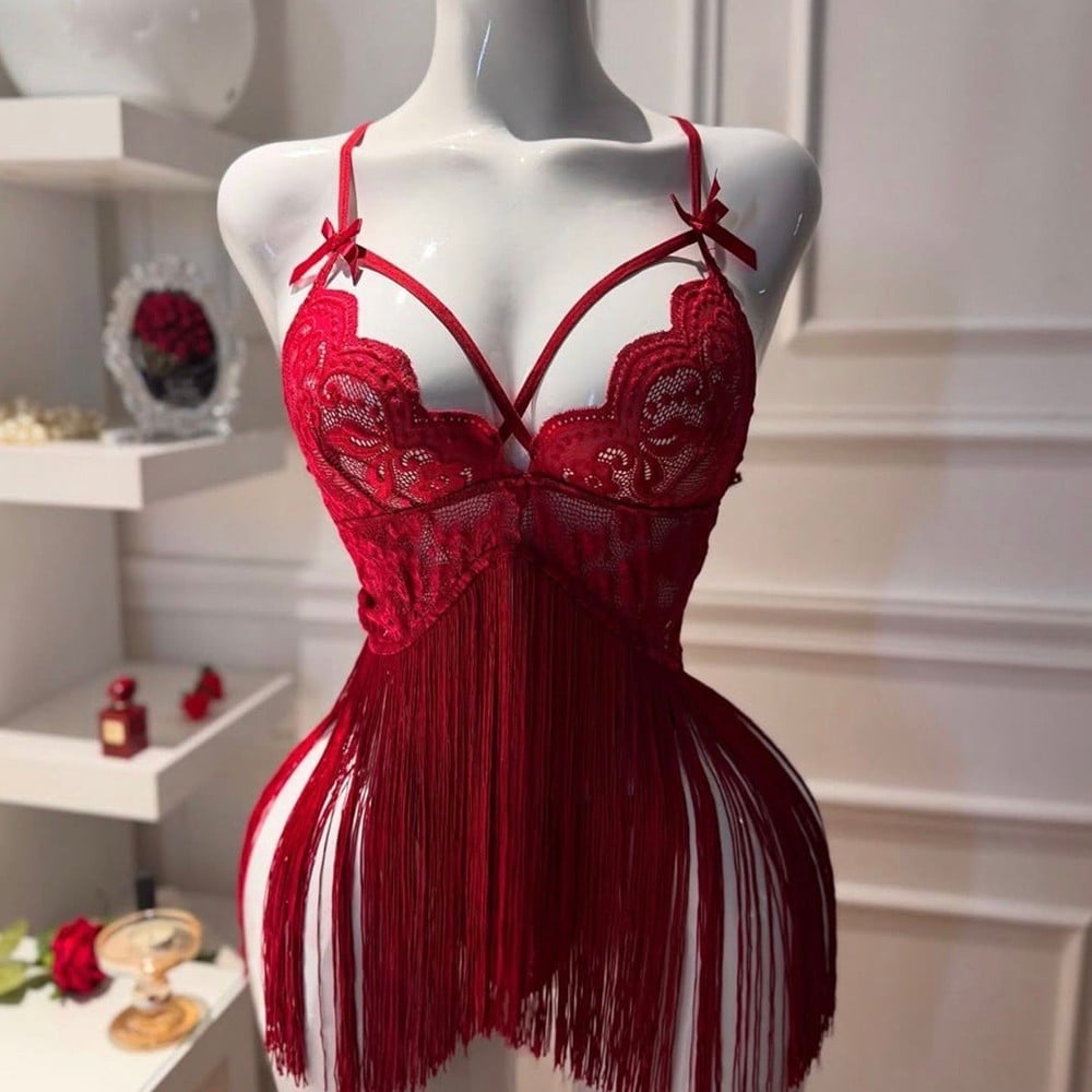 Kırmızı Püsküllü Babydoll Set