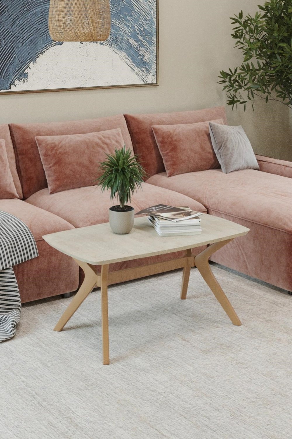55x90 Traverten-Ceviz Orta Sehpa Oturma Odası Sehpa-Salon Sehpa Zen Model